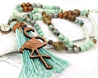 trendy tassel necklace Boho Flamingo Ibiza-Style Amazonite, unique Bohemian glass beads, beachtime charm necklace, summer gift