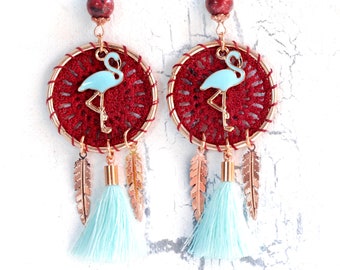 trendy earrings dream catcher boho unique Ibiza style, hippie bohemian summer long hanging earrings flamingo, dream catcher ethno gift