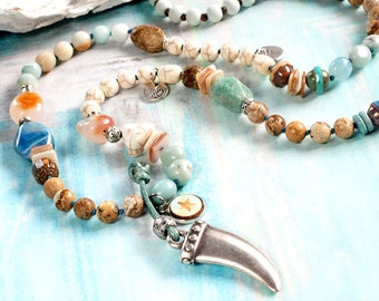 long necklace boho amazonite jade carnelian jasper howlite agate, pendant, bohemian glass beads, begging chain Ibiza-style ethnic gift