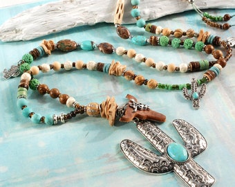 long necklace unique gemstones boho, bohemian trendy hippie ethnic XXL pendant, desert cactus, leather buffalo, gift, summer festival