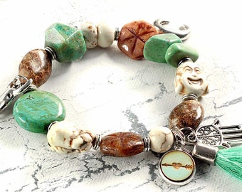 trendy Boho bracelet, Amazonite Jasper Howlite gemstones, Buddha, charm bracelet Bohemian glass beads, unique, gift