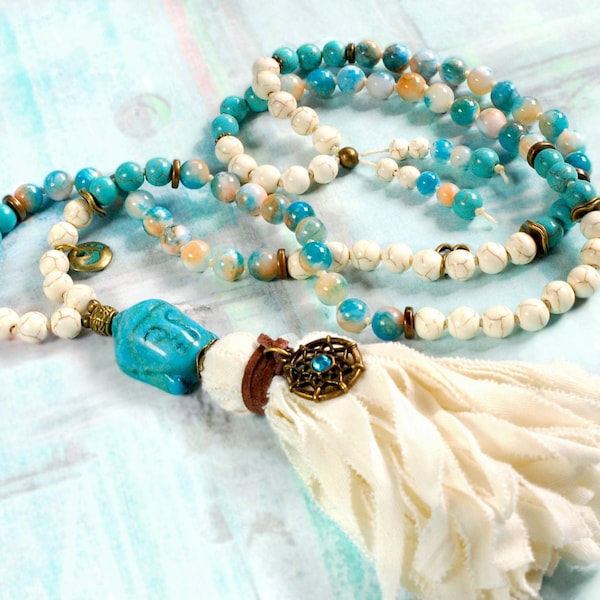 lange Kette Buddha Boho-Schmuck, Jade Howlith, Mala-Stil Quastenkette Knotentechnik, Hippiekette Unikat Geschenk