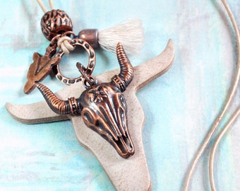 Trendy boho necklace leather pendant buffalo, begging chain bohemian, buffalo necklace, boho jewelry, statement necklace ethnic hippie necklace gift