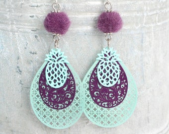 trendy boho earrings, handmade Ibiza style, bohemian earrings pom pom faux fur, violet-mint-turquoise, gift, beach summer