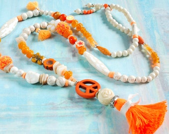 long necklace Boho Hippie Peace, unique, great colors funky Ibiza style, Bohemian glass beads howlite, summer beach time, gift