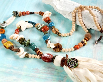 long necklace Boho, gemstones tassel necklace unique, fire agate coral jasper shells howlite, long necklace hippie bohemian, charm necklace