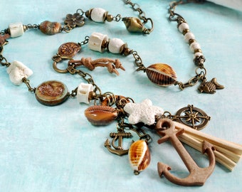 Beautiful begging/charm necklace unique seahorse maritime link chain leather anchor seahorse starfish gift summer sea Ibiza style shells