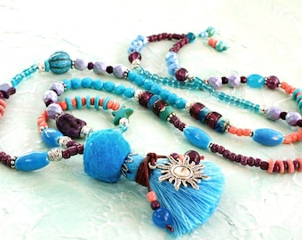 cheerful necklace boho, tassel necklace begging necklace Ibiza style, bohemian glass beads gift hippie festival jewelry summer