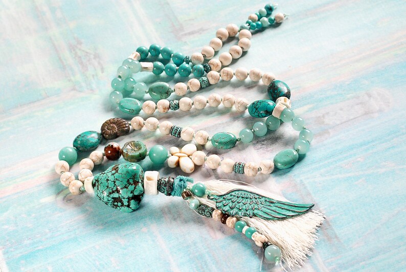 Begging necklace with tassel gift women long chain patina tassel necklace turquoise gemstone necklace howlith nugget boho jewelry jade