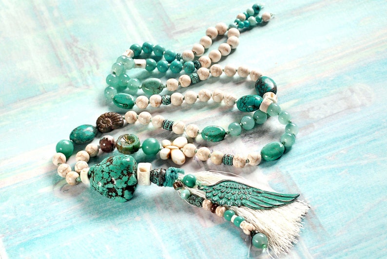 Begging necklace with tassel gift women long chain patina tassel necklace turquoise gemstone necklace howlith nugget boho jewelry jade
