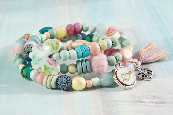 7 bracelets Ibiza jewelry pastel begging bracelet spring summer stretchy Gorgeous bracelet set boho flower spread-free unique