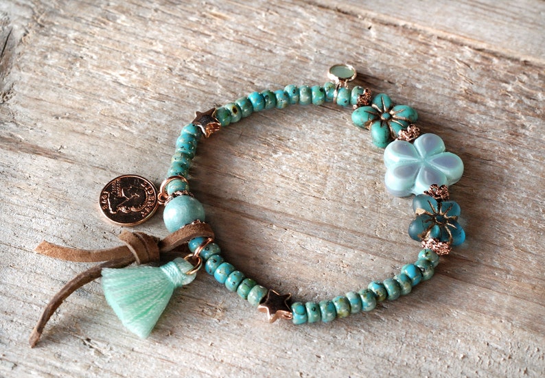 begging bracelet boho bracelet bohemian glass beads summer bracelet noble bracelet rose gold colors blue green turquoise
