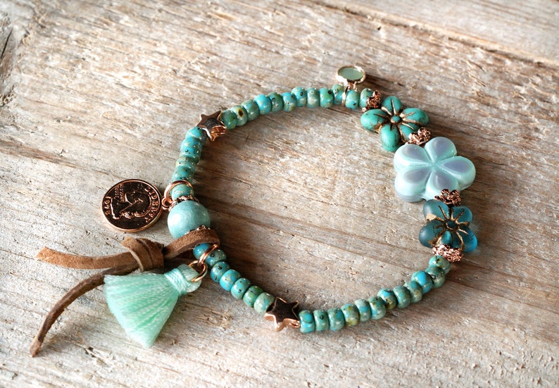 begging bracelet boho bracelet bohemian glass beads summer bracelet noble bracelet rose gold colors blue green turquoise
