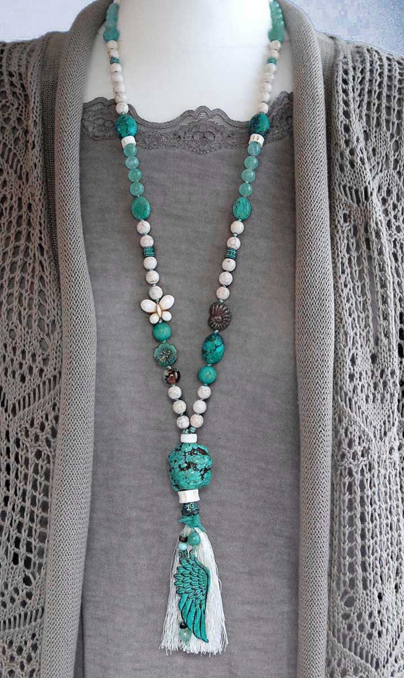 Begging necklace with tassel gift women long chain patina tassel necklace turquoise gemstone necklace howlith nugget boho jewelry jade