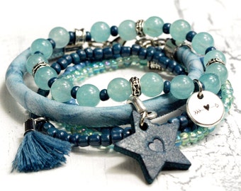 cool bracelet set, boho hippie ethno summer denim blue/blue tones, 5-row, jade leather star, unique, Mother's Day gift