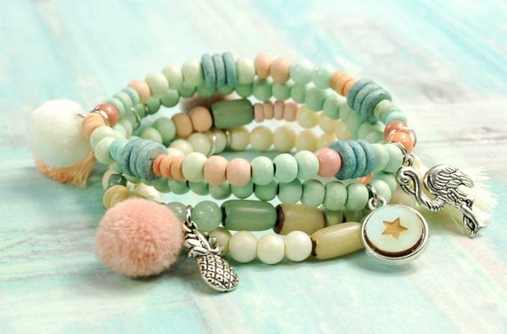 7 bracelets Ibiza jewelry pastel begging bracelet spring summer stretchy Gorgeous bracelet set boho flower spread-free unique