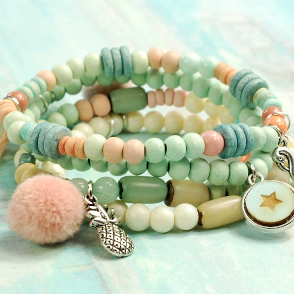 great 4-piece bracelet set Boho unique Ibiza Beachtime summer hippie beach charm bracelet stretchy festival jewelry pastel colors sun Bohemian