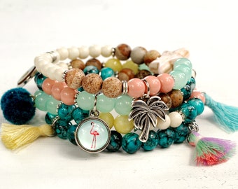 Great bracelet set Ibiza style unique, jasper jade, boho summer hippie beachtime beach bohemian flamingo, gift