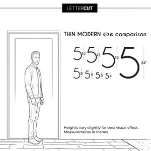 Lettercut size comparison chart showing what the 4 inch all the way up to 24 inch numbers would look like in comparison to a man and a standard door size. Numerals in the THIN MODERN style indicating number heights in inches.