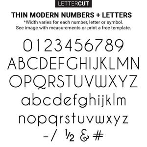 THIN MODERN font sample images of what the numbers and letters and symbols look like