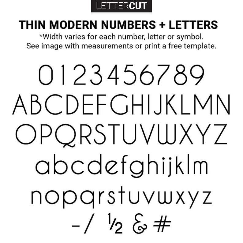 THIN MODERN font sample images of what the numbers and letters and symbols look like