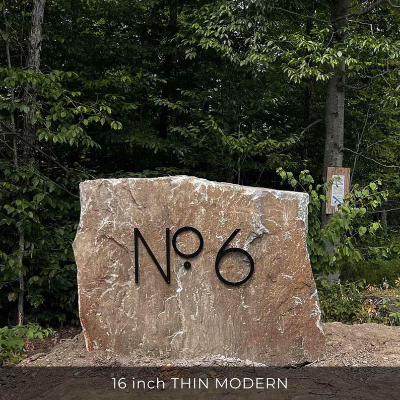 THIN MODERN XL 16 inch black address numbers No 6 on a large rock