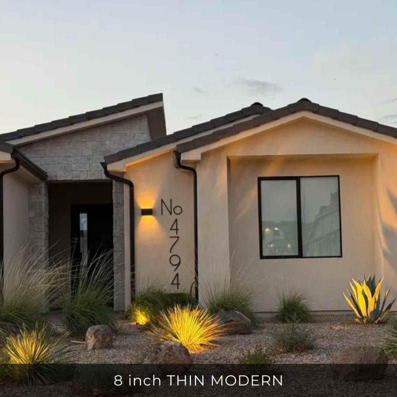 THIN MODERN 8 inch black address numbers fastened vertically on stucco