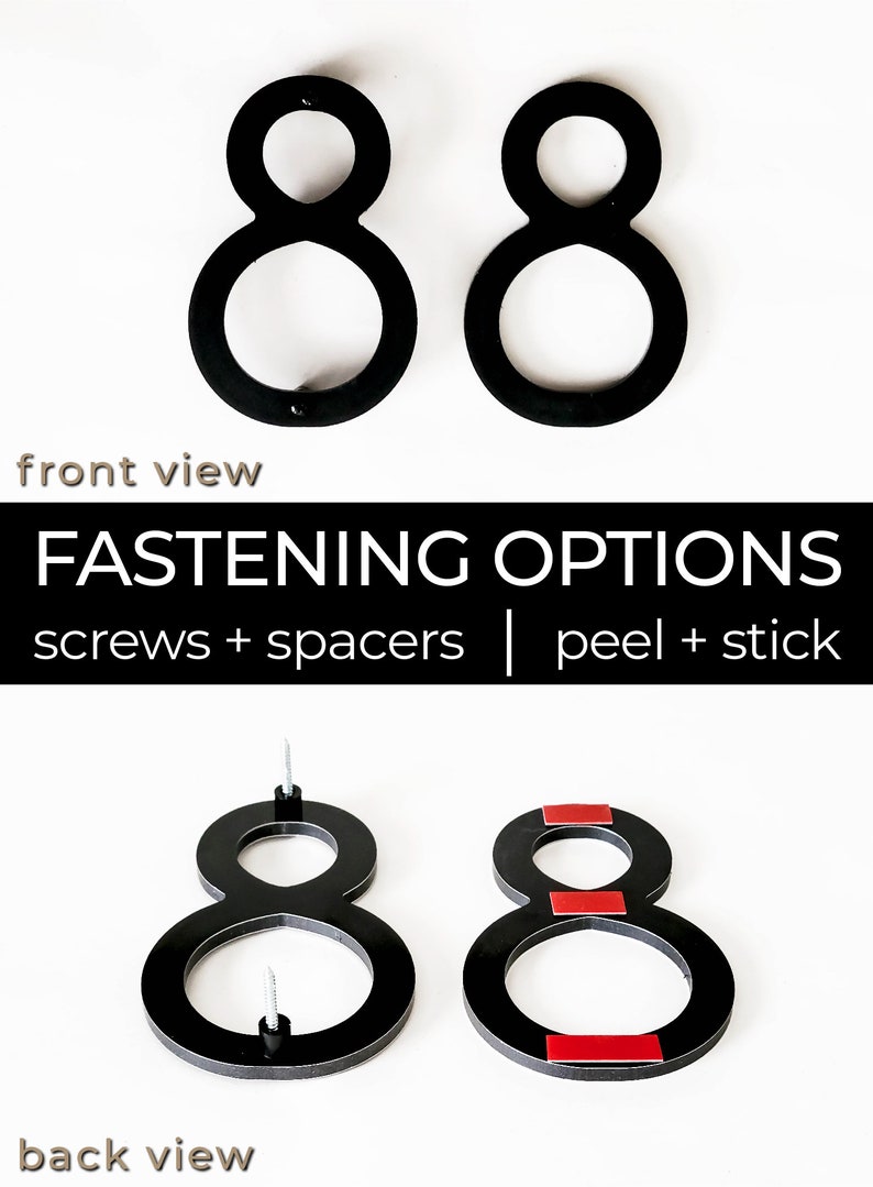 showing the difference of fastening detail for the THIN MODERN house numbers from the front as well as the back.