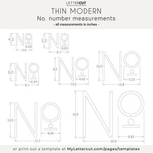 Size measurements and details for the THIN MODERN No letters in all sizes