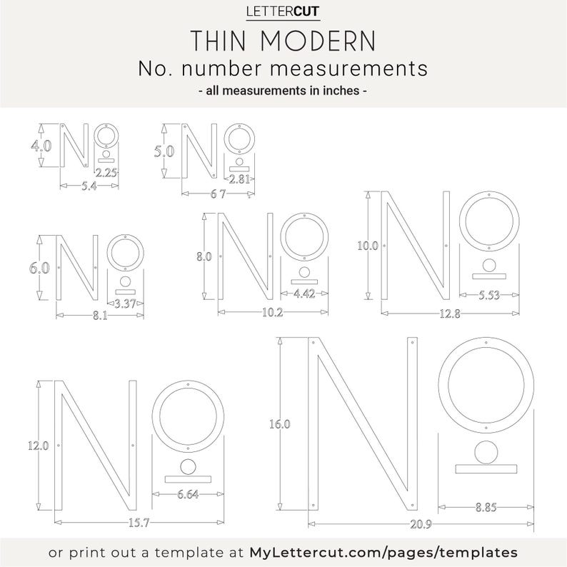 Size measurements and details for the THIN MODERN No letters in all sizes