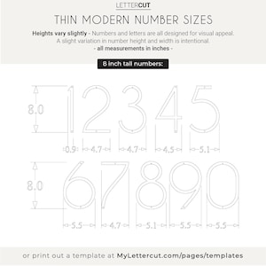 Size measurements and details for the THIN MODERN 8 inch numbers