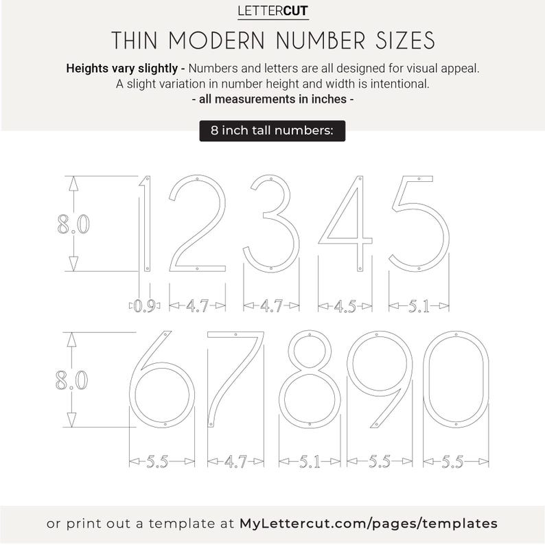 Size measurements and details for the THIN MODERN 8 inch numbers