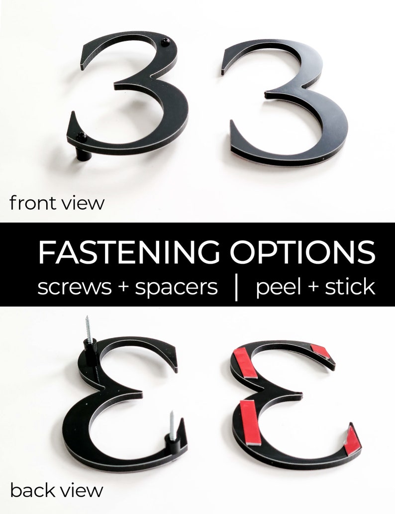 showing the difference of fastening detail for the ROMAN SERIF house numbers from the front as well as the back.