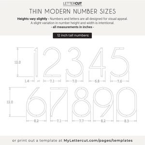 Size measurements and details for the THIN MODERN 12 inch numbers