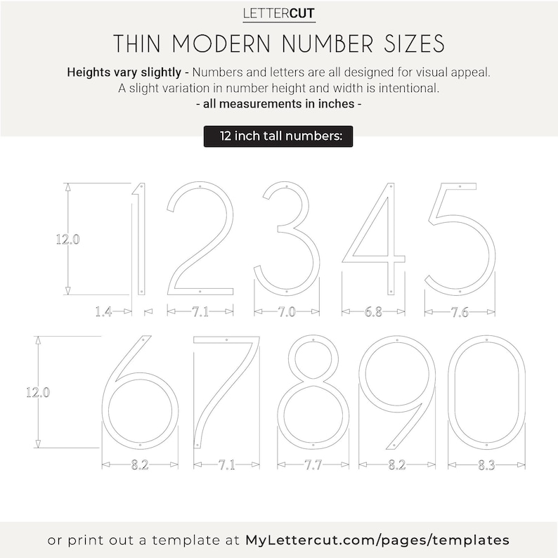 Size measurements and details for the THIN MODERN 12 inch numbers