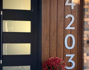 May include: A modern house with a black door and a wooden wall with the house number 4203 displayed in large silver numerals.