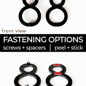 this image shows a front view and a back view comparing the differences between our fastening options of screws and spacers or peel and stick adhesive.