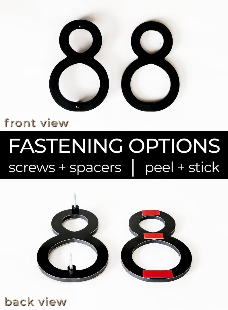 this image shows a front view and a back view comparing the differences between our fastening options of screws and spacers or peel and stick adhesive.