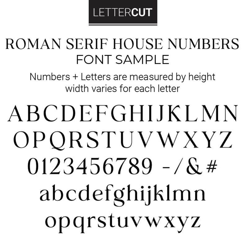 Showing the style detail of CAPITAL letters, lowercase letters, symbols and numbers for the ROMAN SERIF house number style.