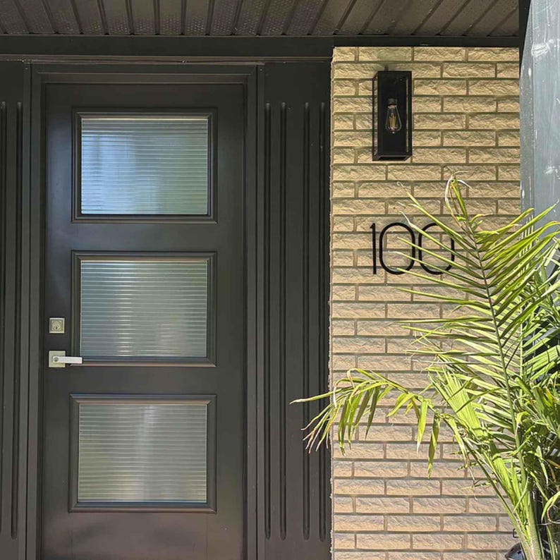 THIN MODERN 8 inch numbers 100 on brick beside a black front door