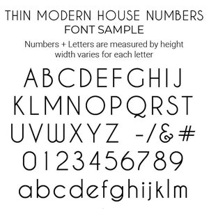 This is the graphic showing all the capital and lower case alphabets and numbers for the THIN MODERN house number style.