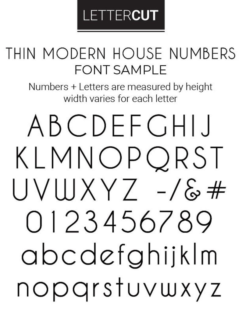 This is the graphic showing all the capital and lower case alphabets and numbers for the THIN MODERN house number style.