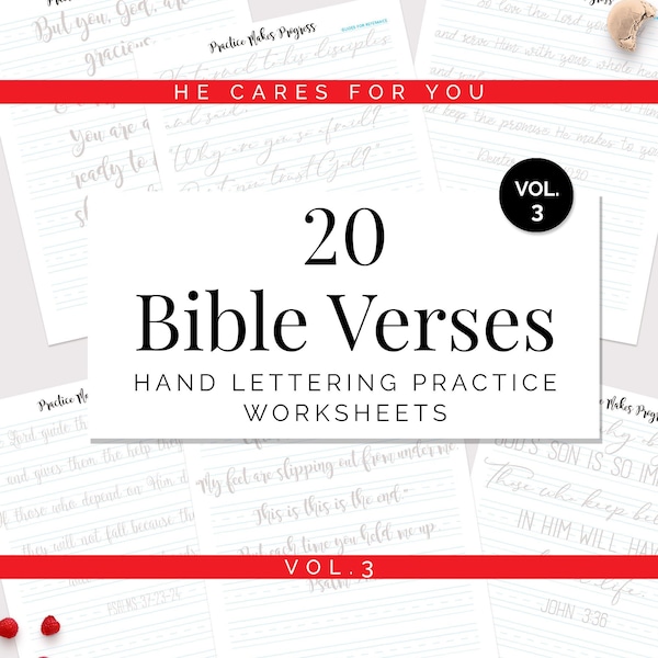 20 Bible Verses God Cares for You, Hand Lettering Practice Sheets, Calligraphy, Print and Trace, Brush Lettering, Practice Sheets, Lettering