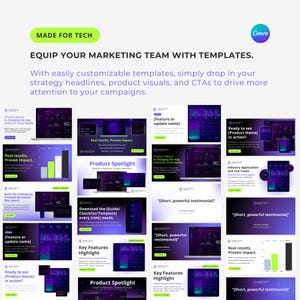 May include: A collection of 16 customizable marketing templates for tech companies. The templates feature a dark purple and blue color scheme with white text and graphics. The templates include headlines, product visuals, and calls to action. The templates are designed to help tech companies drive more attention to their campaigns.