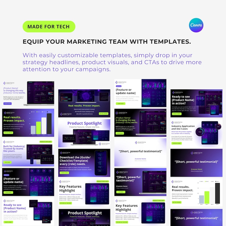 May include: A collection of 16 customizable marketing templates for tech companies. The templates feature a dark purple and blue color scheme with white text and graphics. The templates include headlines, product visuals, and calls to action. The templates are designed to help tech companies drive more attention to their campaigns.