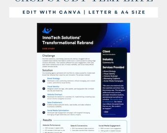 Editable Case Study Canva Template: Sales Sheet, One-Pager for Technology Startup Company, Executive Summary, Company Overview
