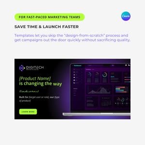 May include: A dark purple and black laptop screen displaying a dashboard with charts and graphs. The text "[Product Name] is changing the way [industry]" is displayed on the left side of the screen. The text "Built for [target user or role], our [type of product]" is displayed below the text. The text "LEARN MORE" is displayed in a green button below the text.