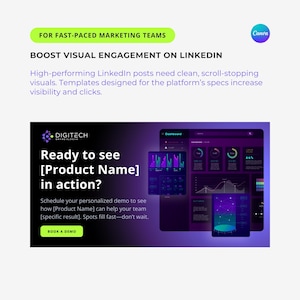 May include: A purple and black graphic with the text "DIGITECH BRAND SLOGAN" and "Ready to see [Product Name] in action?"  Schedule your personalized demo to see how [Product Name] can help your team [specific result]. Spots fill fast - don't wait. Book a demo.