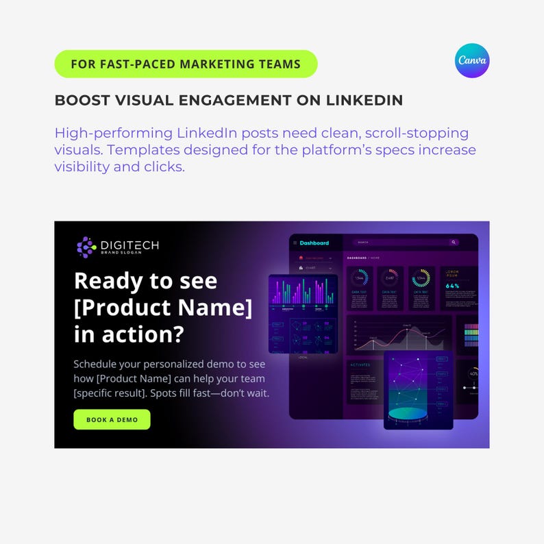 May include: A purple and black graphic with the text "DIGITECH BRAND SLOGAN" and "Ready to see [Product Name] in action?"  Schedule your personalized demo to see how [Product Name] can help your team [specific result]. Spots fill fast - don't wait. Book a demo.