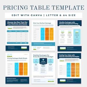 May include: A pricing table template with the text "PRICING TABLE TEMPLATE" at the top. The template includes various pricing plans, with options for free, standard, and premium packages. The template is designed to be edited with Canva and is available in Letter and A4 sizes.